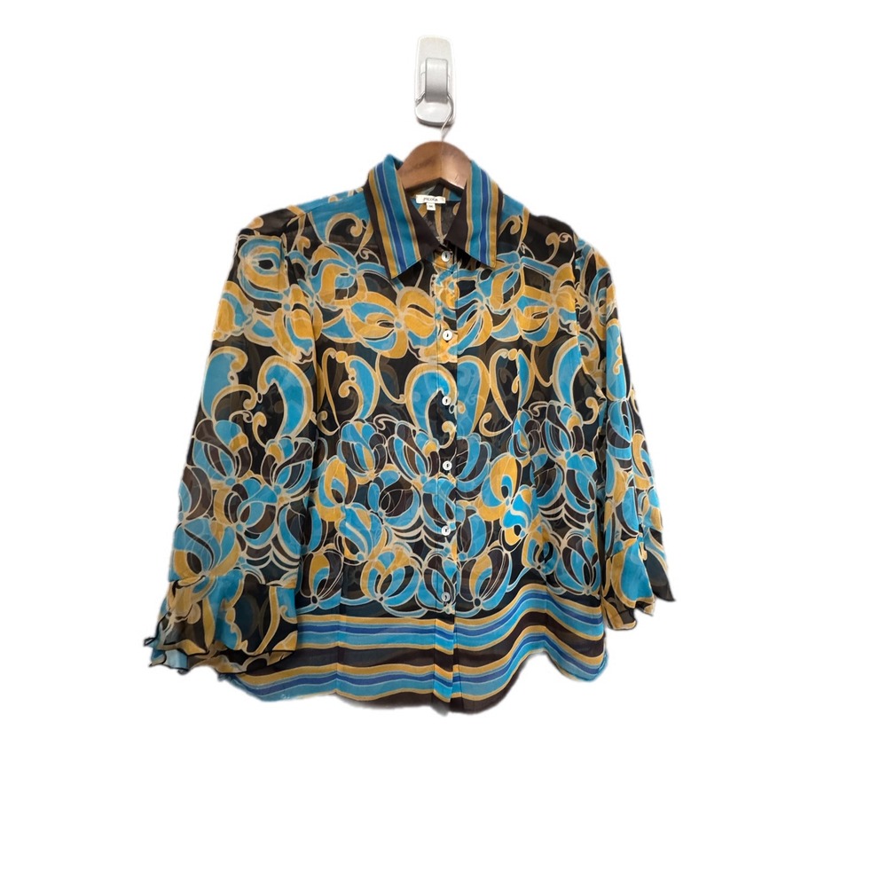 Nicola Button Down Blouse Women Medium Blue Yellow Excellent Sheer Ruffle Sleeve